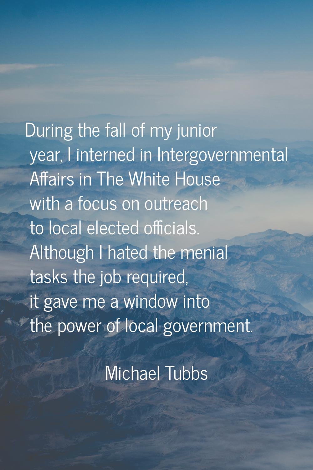 During the fall of my junior year, I interned in Intergovernmental Affairs in The White House with 
