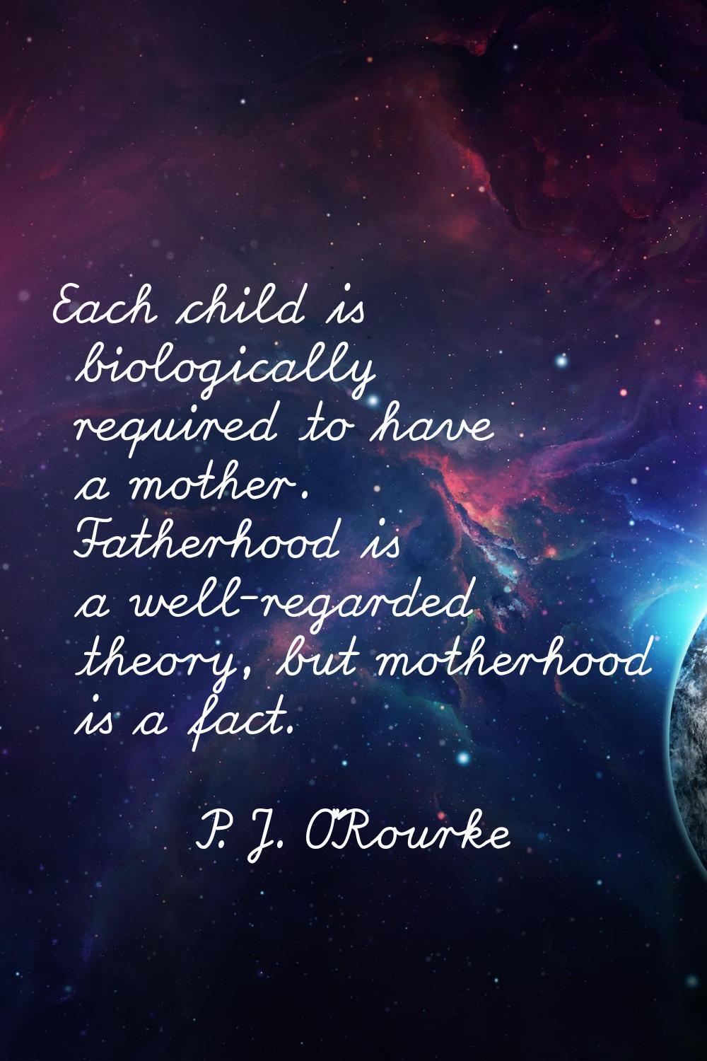 Each child is biologically required to have a mother. Fatherhood is a well-regarded theory, but mot