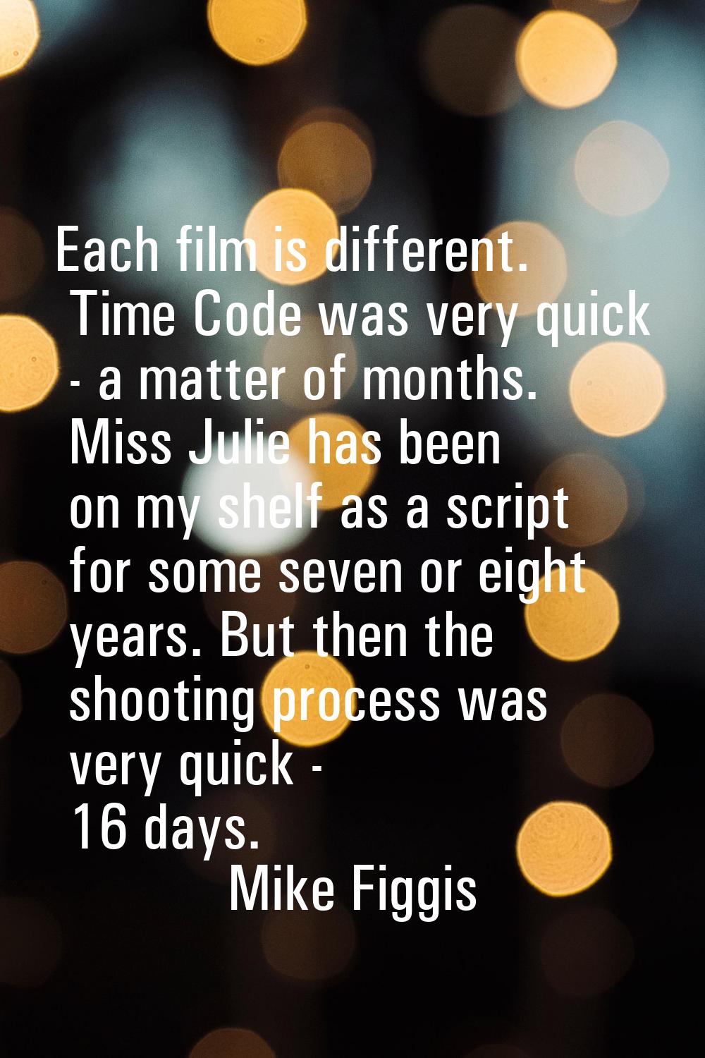 Each film is different. Time Code was very quick - a matter of months. Miss Julie has been on my sh