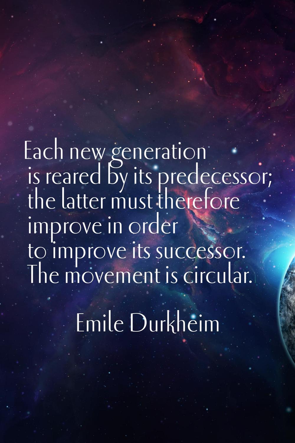 Each new generation is reared by its predecessor; the latter must therefore improve in order to imp
