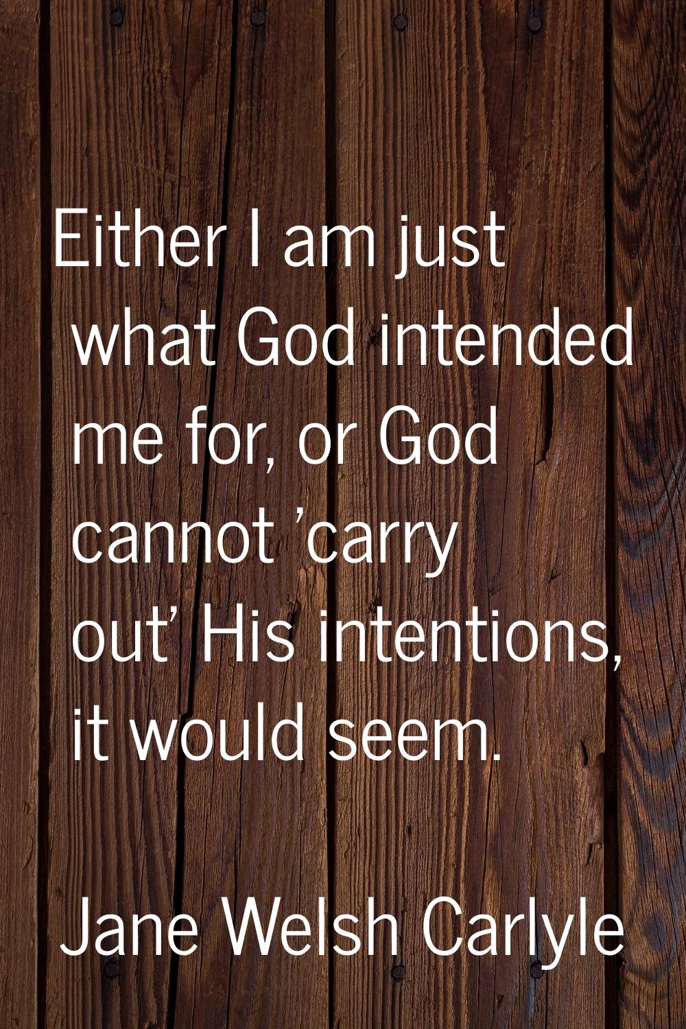 Either I am just what God intended me for, or God cannot 'carry out' His intentions, it would seem.