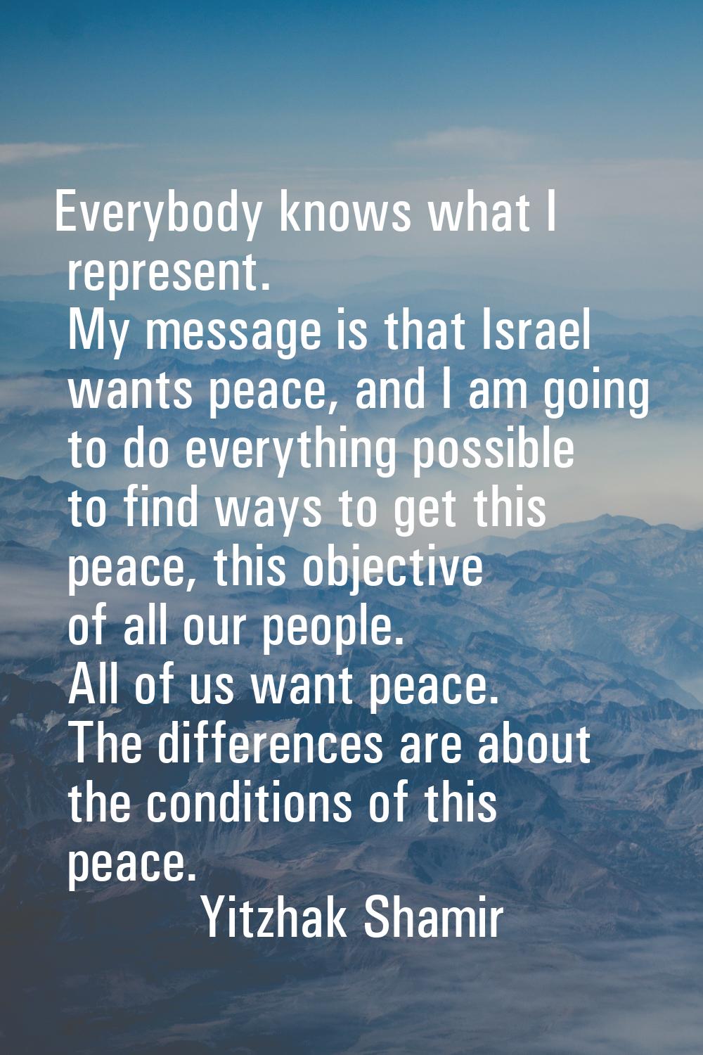 Everybody knows what I represent. My message is that Israel wants peace, and I am going to do every