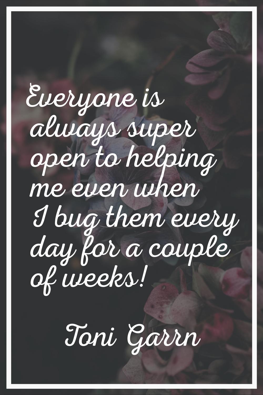 Everyone is always super open to helping me even when I bug them every day for a couple of weeks!