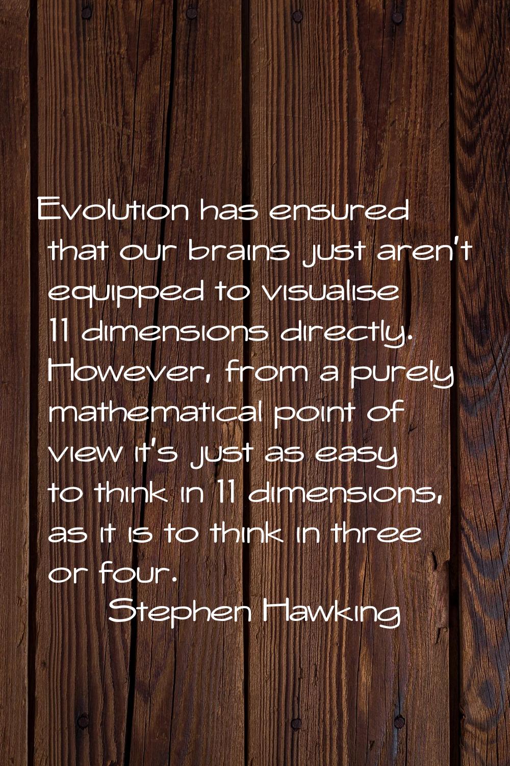 Evolution has ensured that our brains just aren't equipped to visualise 11 dimensions directly. How