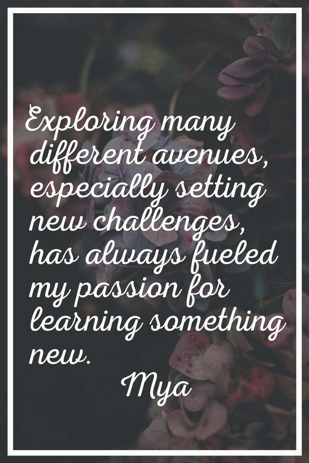 Exploring many different avenues, especially setting new challenges, has always fueled my passion f