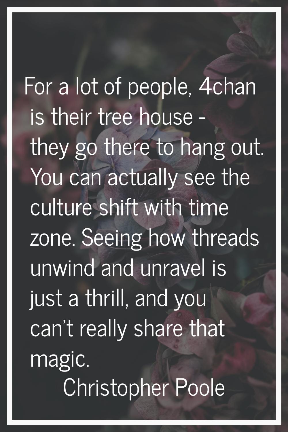 For a lot of people, 4chan is their tree house - they go there to hang out. You can actually see th
