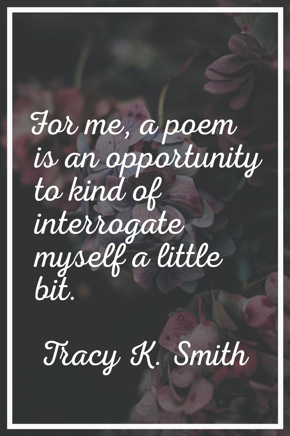 For me, a poem is an opportunity to kind of interrogate myself a little bit.