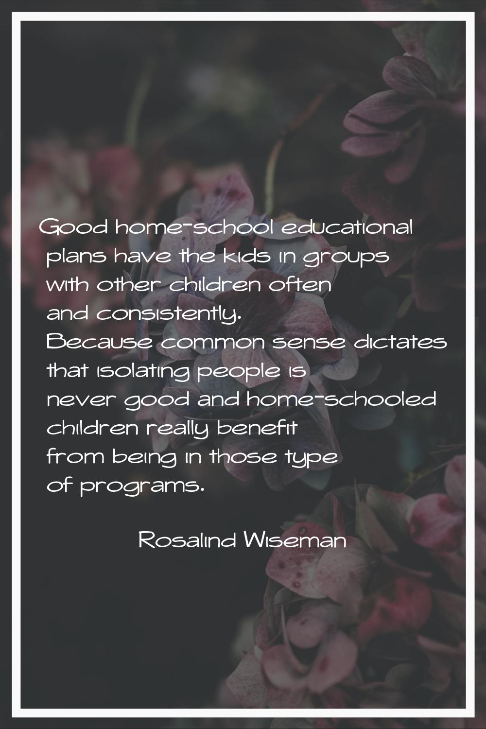 Good home-school educational plans have the kids in groups with other children often and consistent