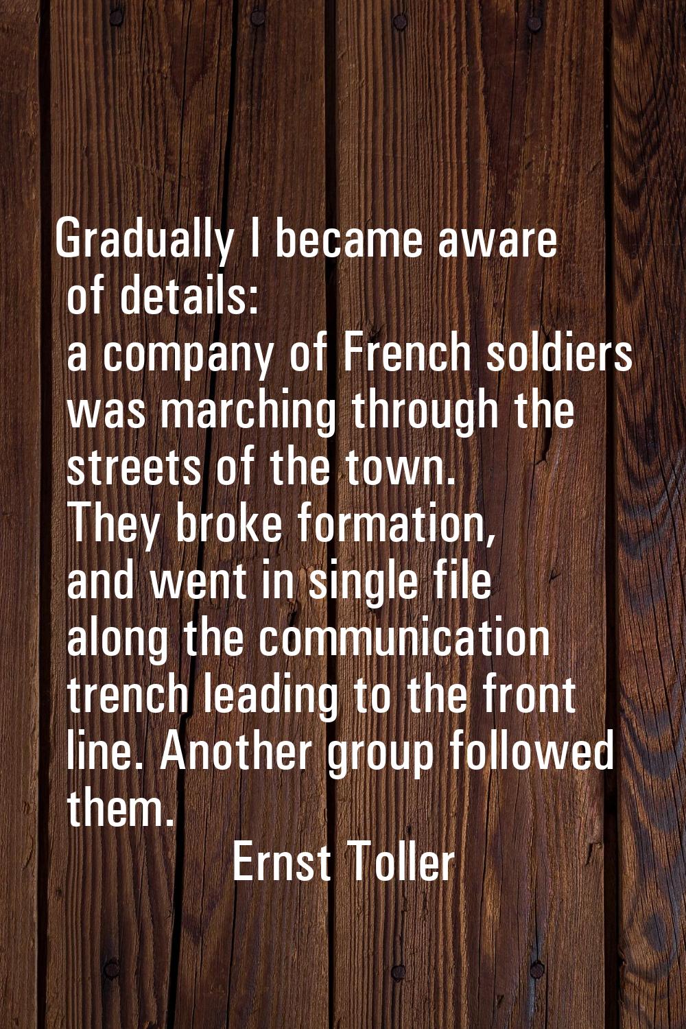 Gradually I became aware of details: a company of French soldiers was marching through the streets 