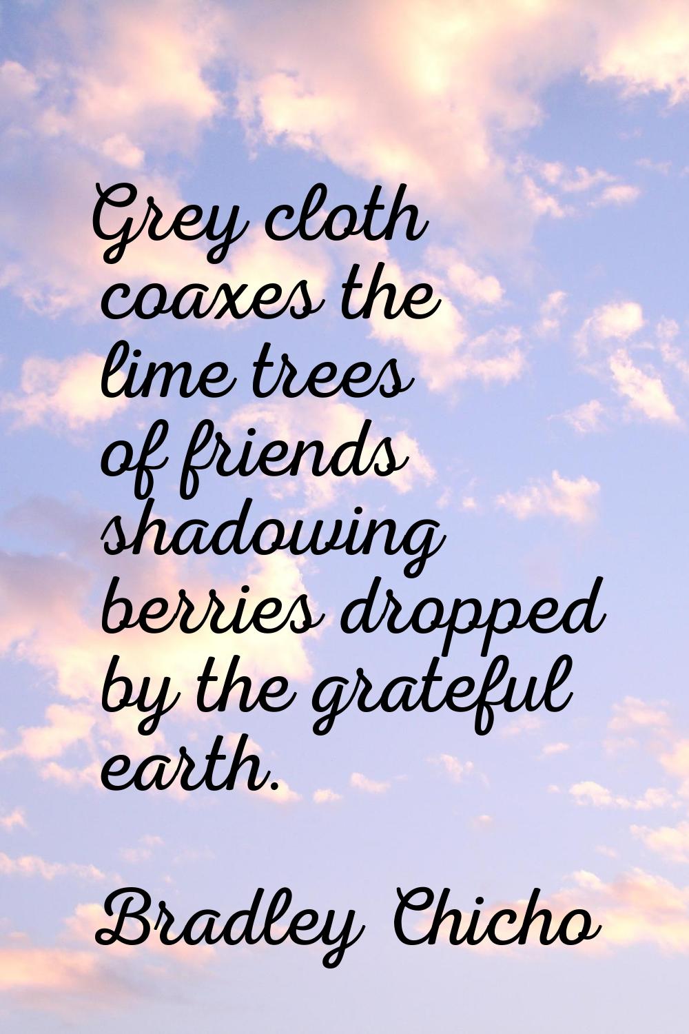 Grey cloth coaxes the lime trees of friends shadowing berries dropped by the grateful earth.