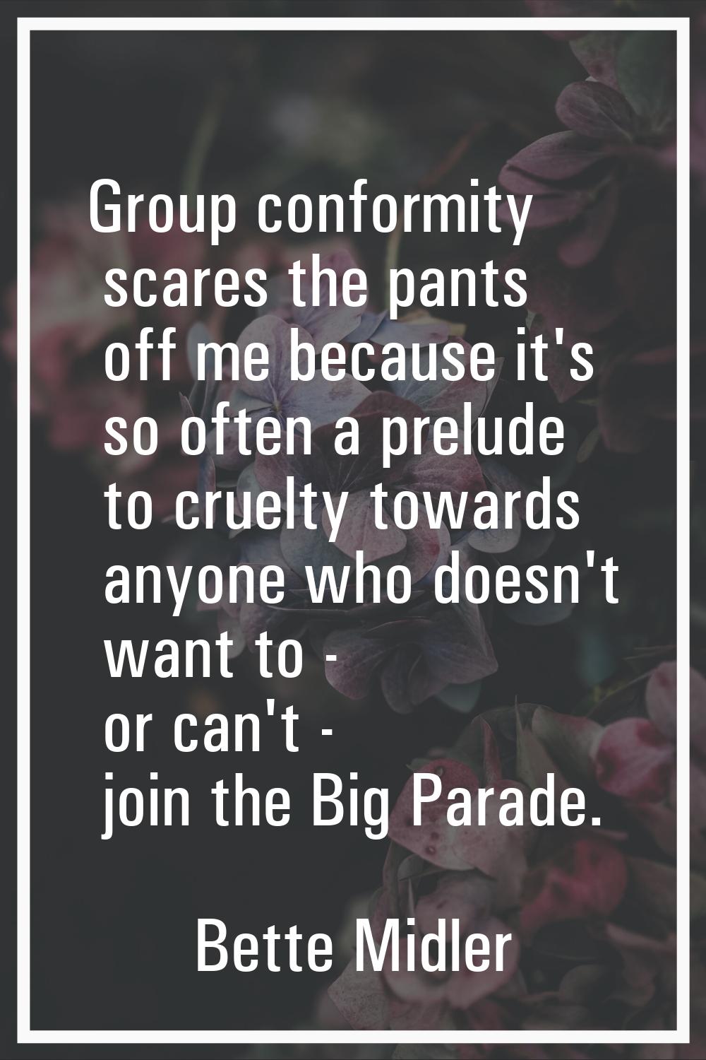 Group conformity scares the pants off me because it's so often a prelude to cruelty towards anyone 