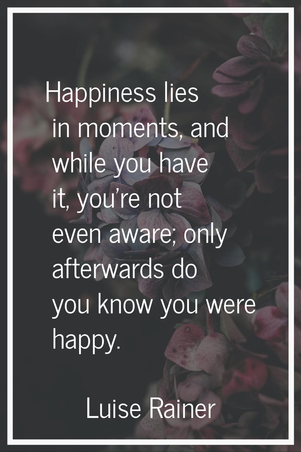 Happiness lies in moments, and while you have it, you're not even aware; only afterwards do you kno