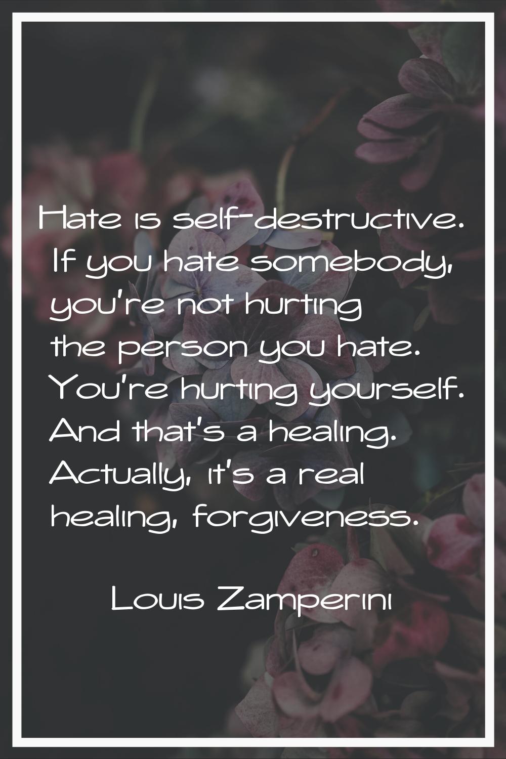 Hate is self-destructive. If you hate somebody, you're not hurting the person you hate. You're hurt