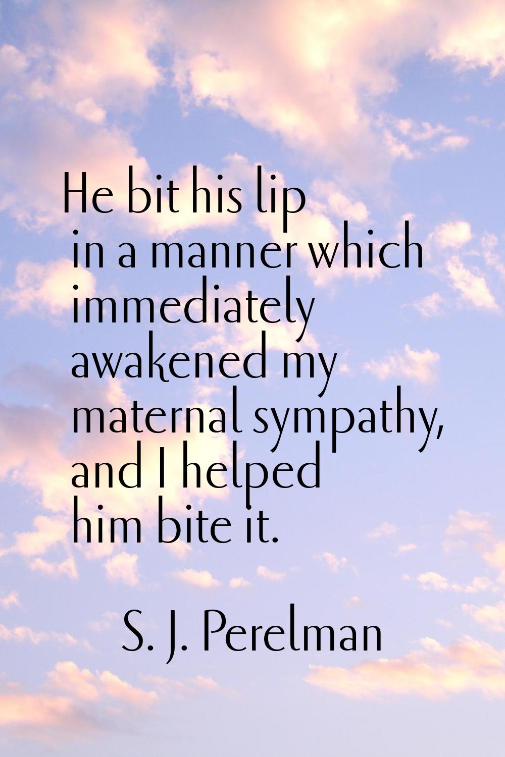 He bit his lip in a manner which immediately awakened my maternal sympathy, and I helped him bite i