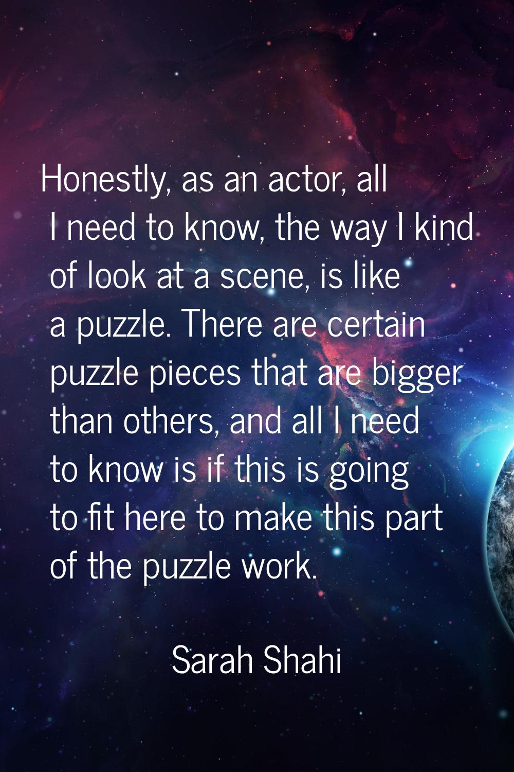 Honestly, as an actor, all I need to know, the way I kind of look at a scene, is like a puzzle. The