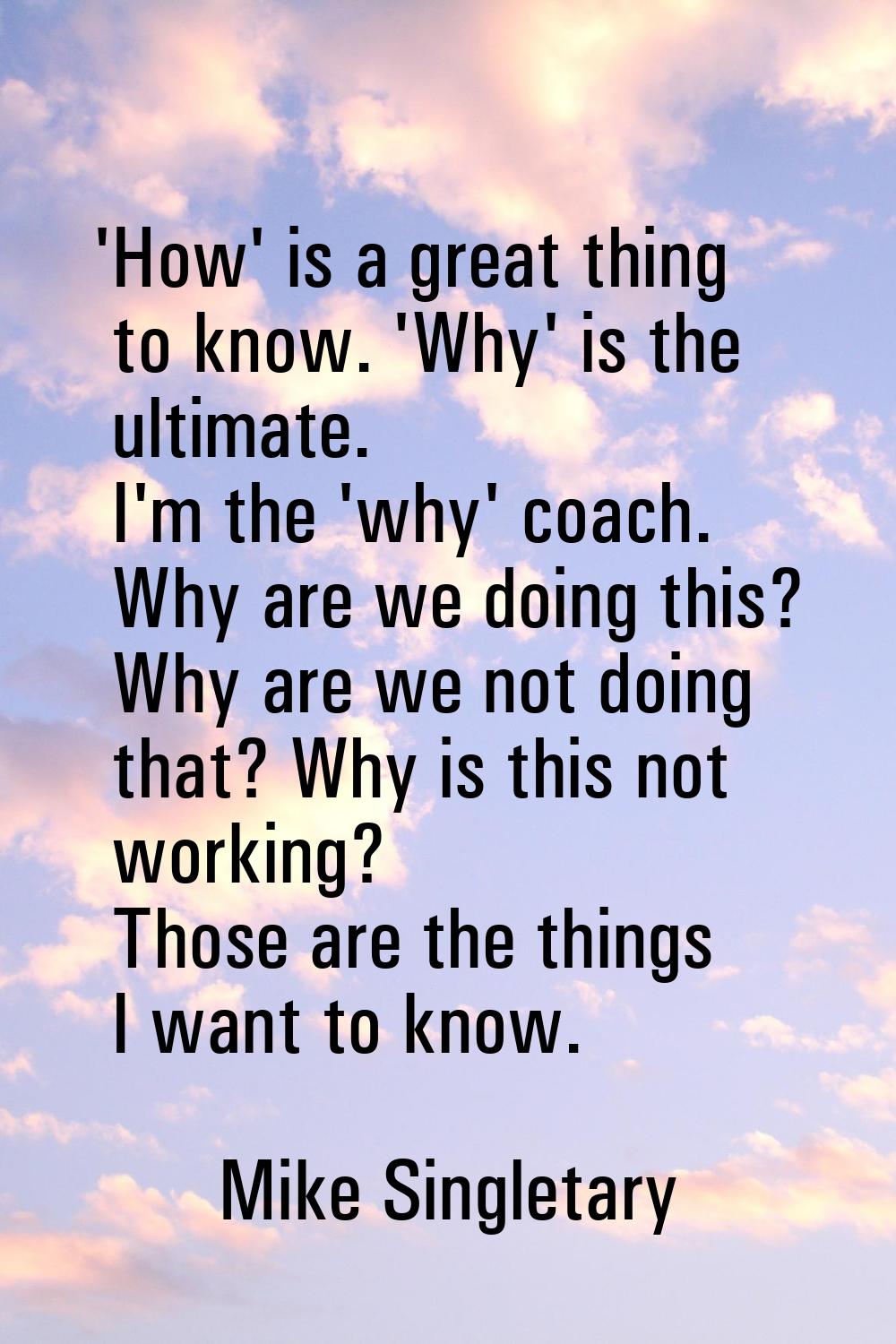 'How' is a great thing to know. 'Why' is the ultimate. I'm the 'why' coach. Why are we doing this? 