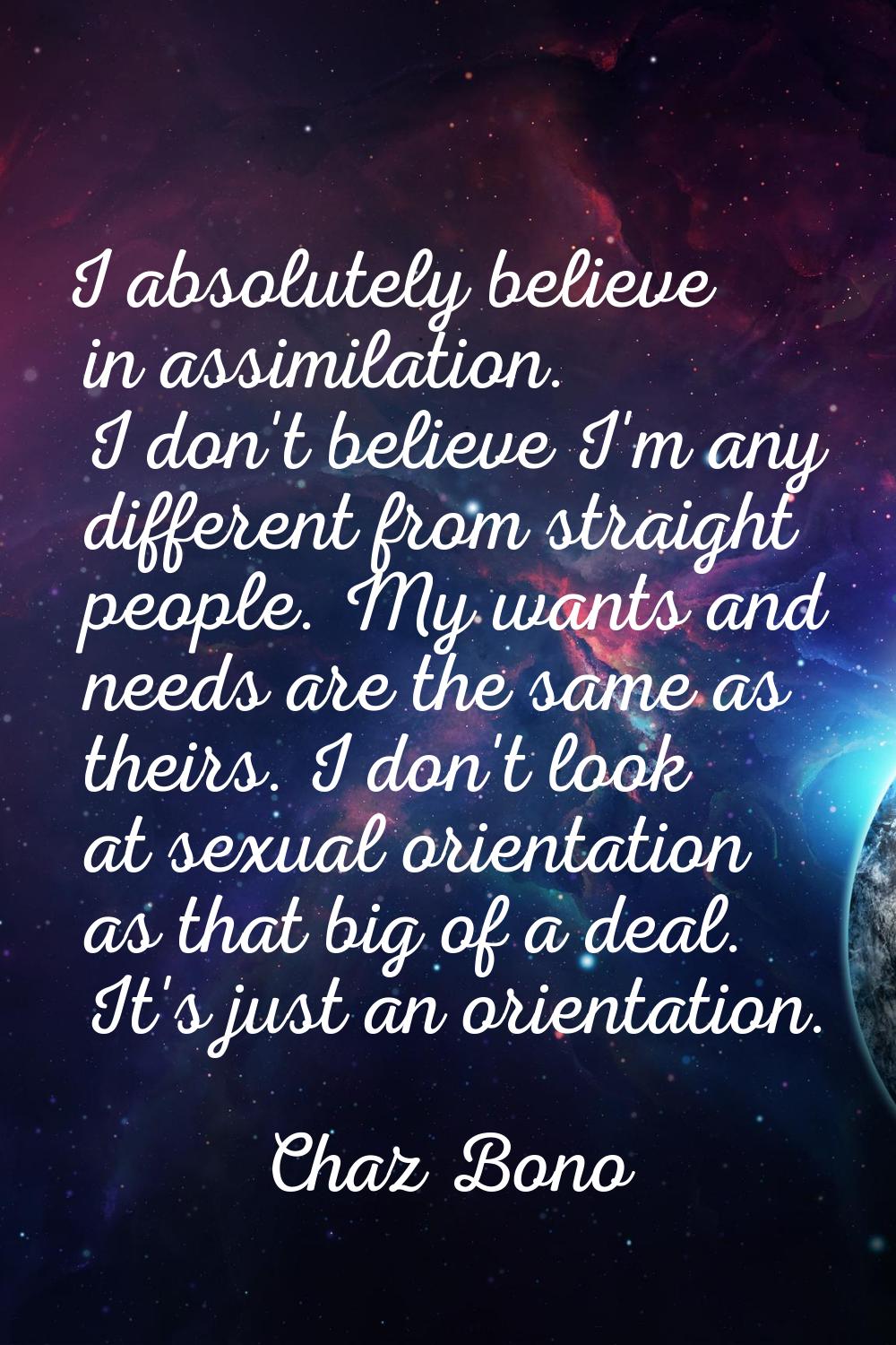 I absolutely believe in assimilation. I don't believe I'm any different from straight people. My wa