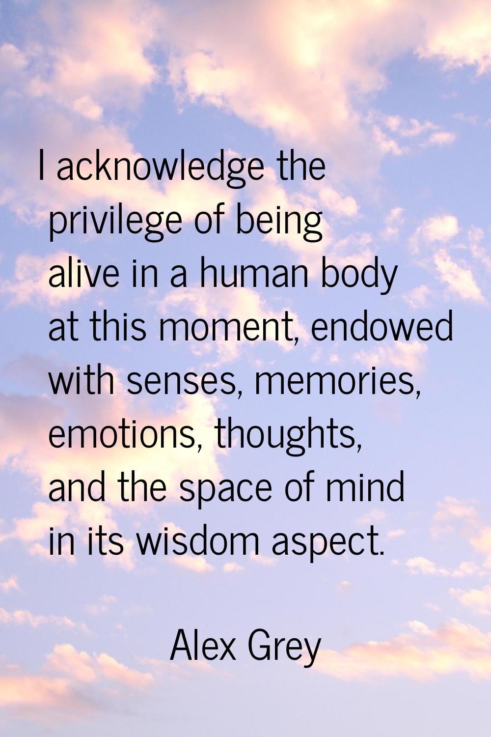 I acknowledge the privilege of being alive in a human body at this moment, endowed with senses, mem