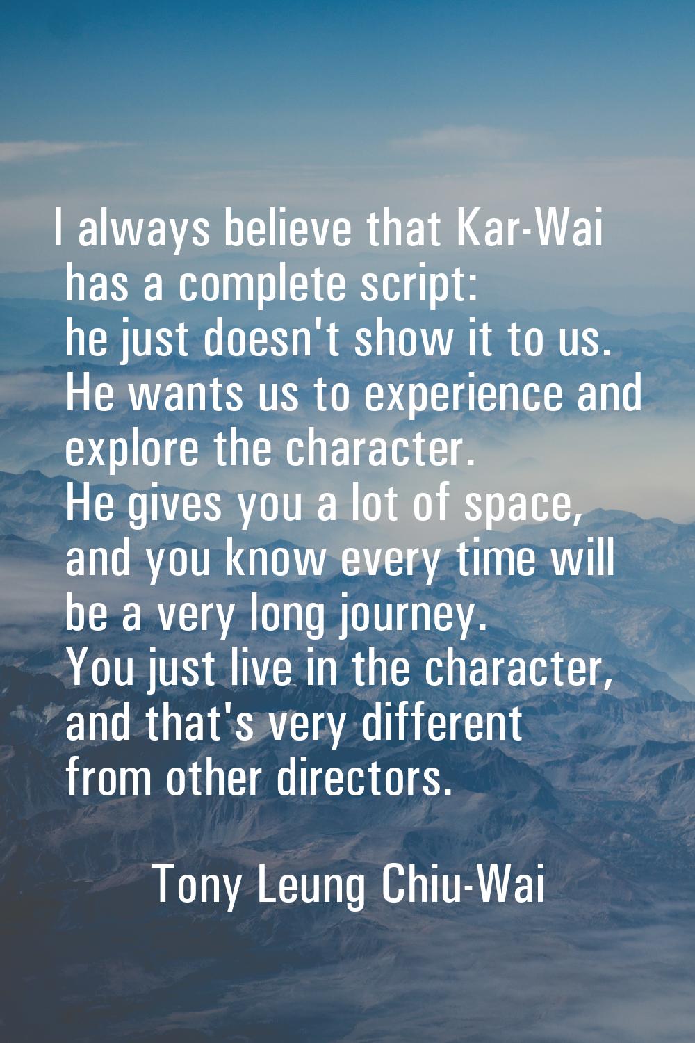 I always believe that Kar-Wai has a complete script: he just doesn't show it to us. He wants us to 