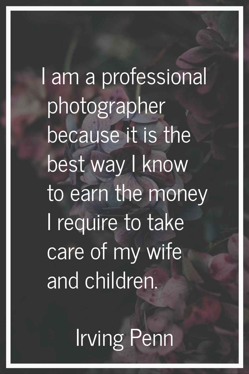 I am a professional photographer because it is the best way I know to earn the money I require to t