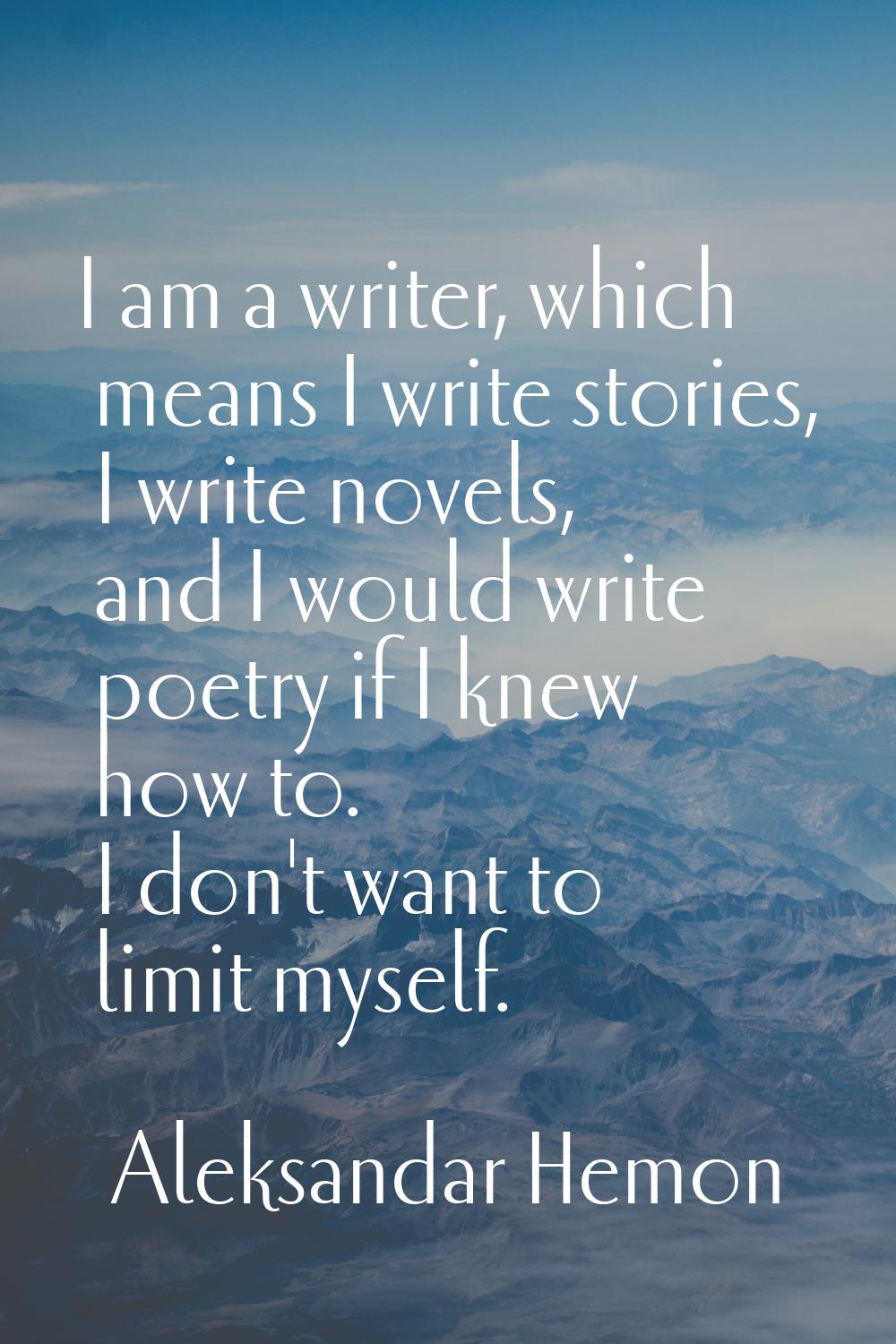 I am a writer, which means I write stories, I write novels, and I would write poetry if I knew how 