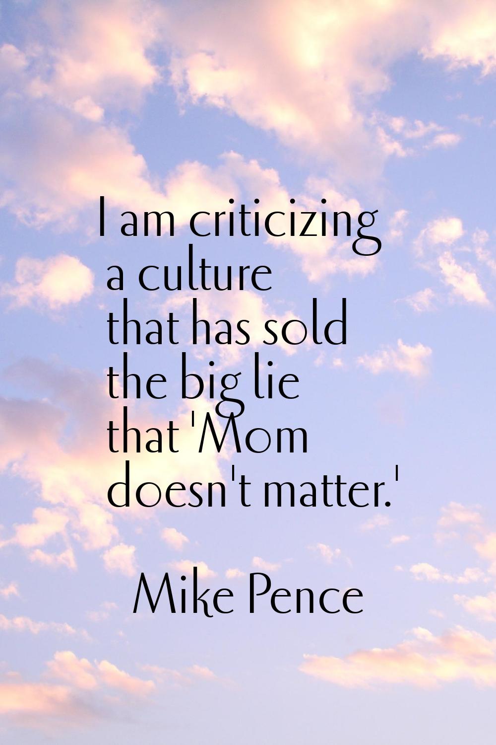 I am criticizing a culture that has sold the big lie that 'Mom doesn't matter.'