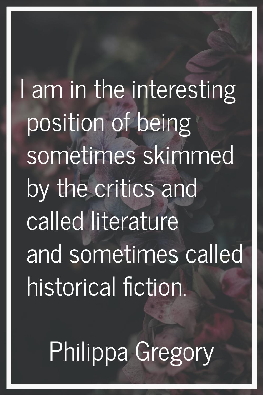 I am in the interesting position of being sometimes skimmed by the critics and called literature an