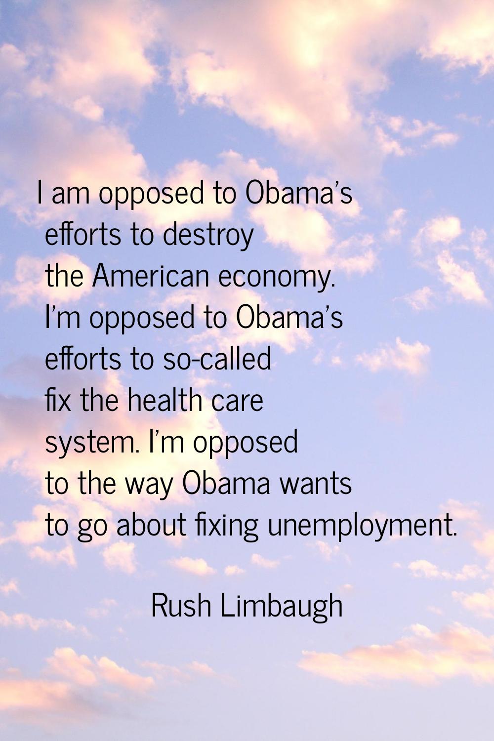 I am opposed to Obama's efforts to destroy the American economy. I'm opposed to Obama's efforts to 