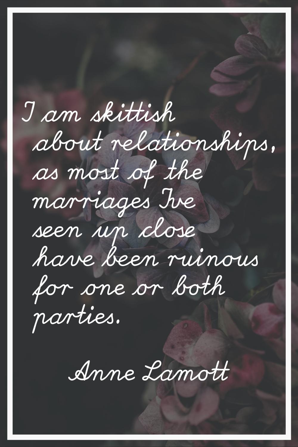 I am skittish about relationships, as most of the marriages I've seen up close have been ruinous fo