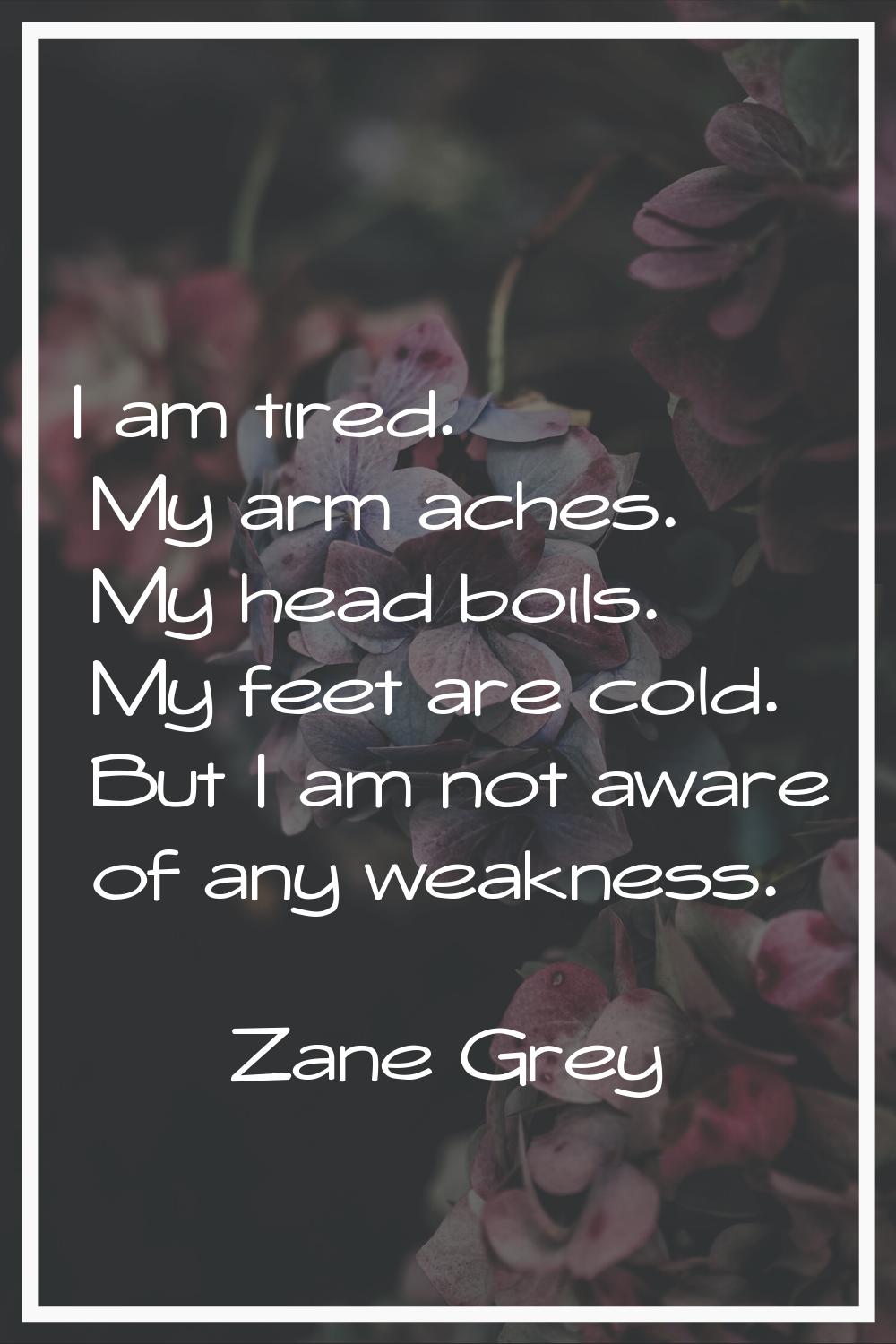 I am tired. My arm aches. My head boils. My feet are cold. But I am not aware of any weakness.