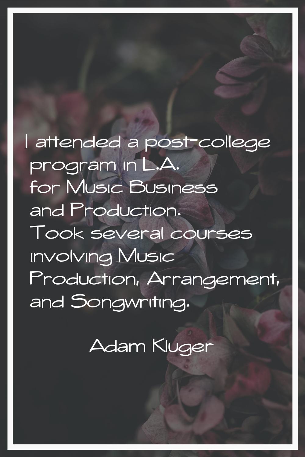 I attended a post-college program in L.A. for Music Business and Production. Took several courses i
