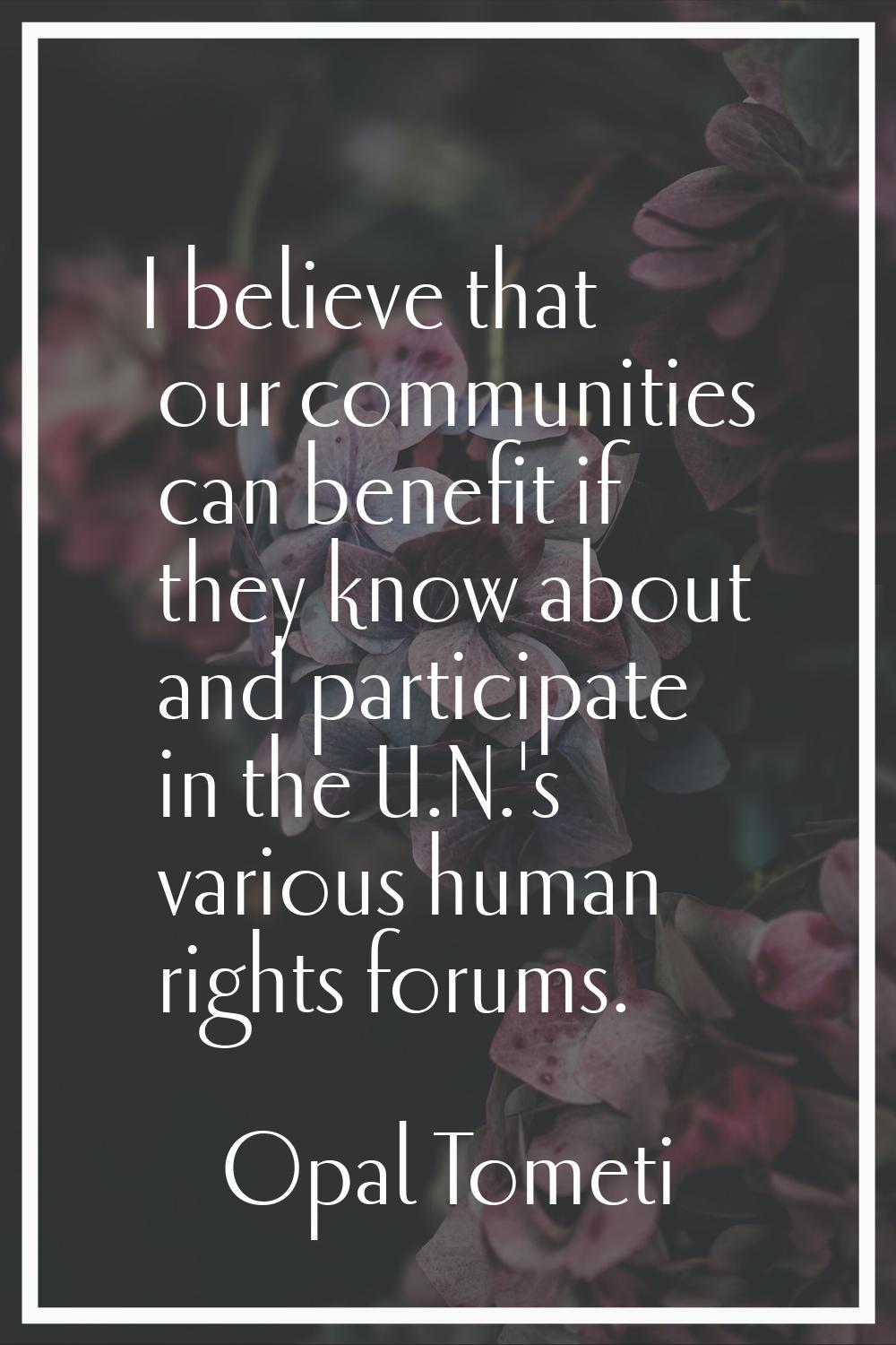 I believe that our communities can benefit if they know about and participate in the U.N.'s various