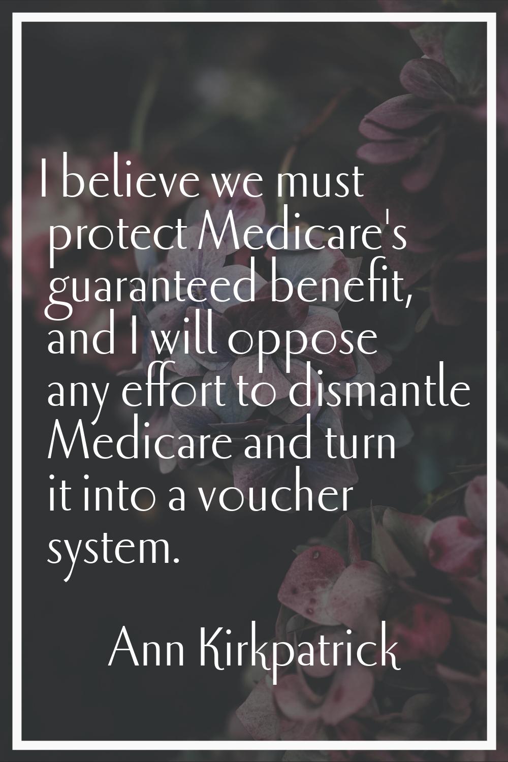I believe we must protect Medicare's guaranteed benefit, and I will oppose any effort to dismantle 