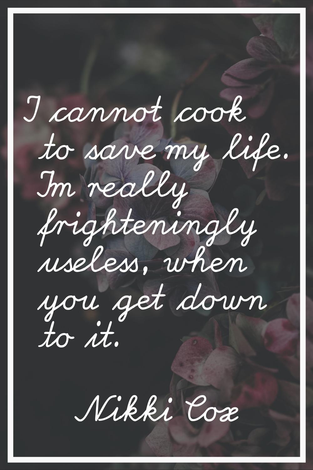 I cannot cook to save my life. I'm really frighteningly useless, when you get down to it.