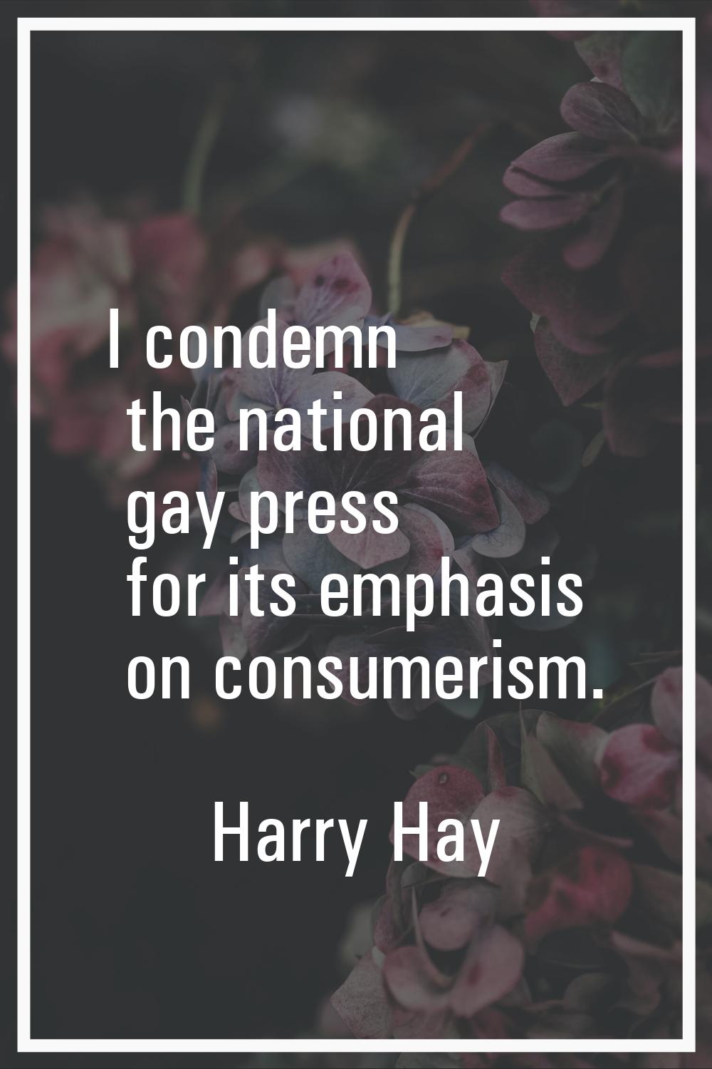 I condemn the national gay press for its emphasis on consumerism.