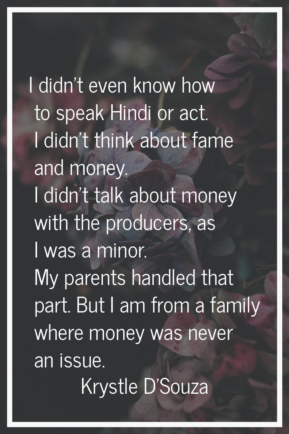 I didn't even know how to speak Hindi or act. I didn't think about fame and money. I didn't talk ab
