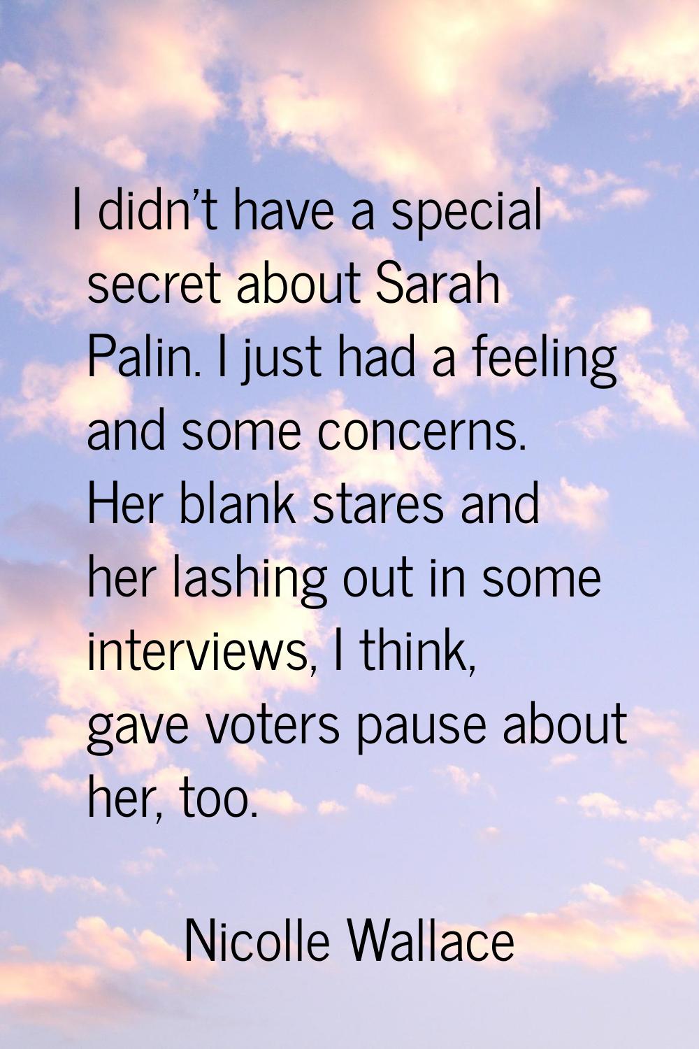 I didn't have a special secret about Sarah Palin. I just had a feeling and some concerns. Her blank