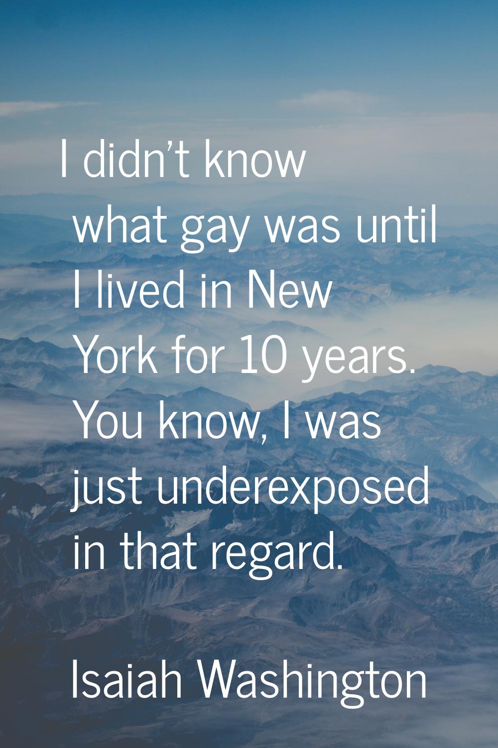 I didn't know what gay was until I lived in New York for 10 years. You know, I was just underexpose