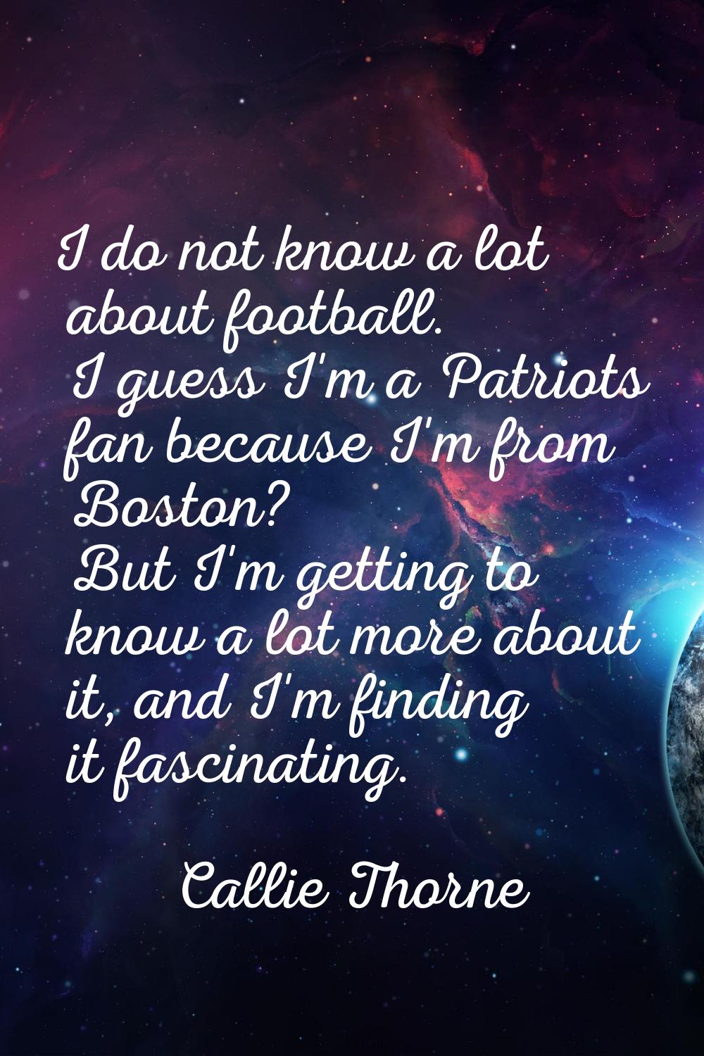 I do not know a lot about football. I guess I'm a Patriots fan because I'm from Boston? But I'm get