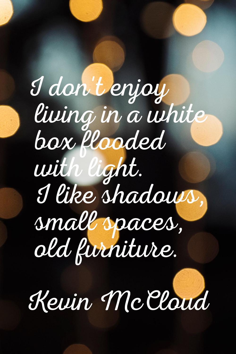 I don't enjoy living in a white box flooded with light. I like shadows, small spaces, old furniture