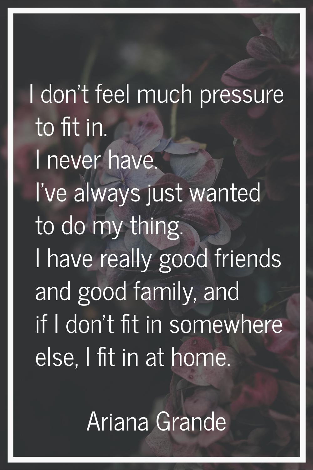 I don't feel much pressure to fit in. I never have. I've always just wanted to do my thing. I have 