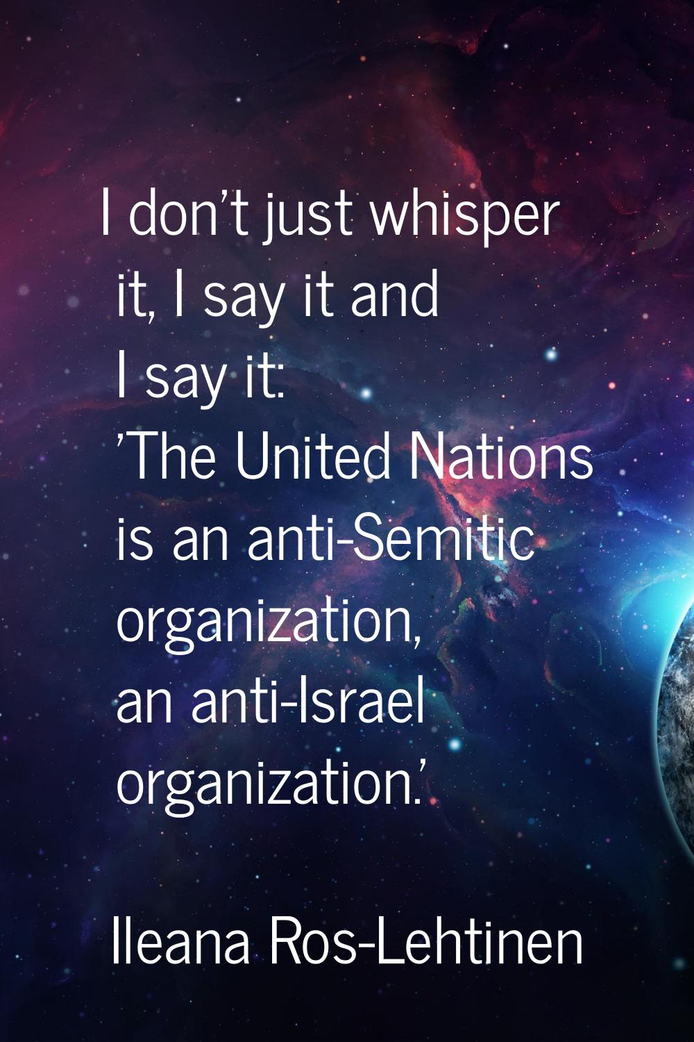 I don't just whisper it, I say it and I say it: 'The United Nations is an anti-Semitic organization