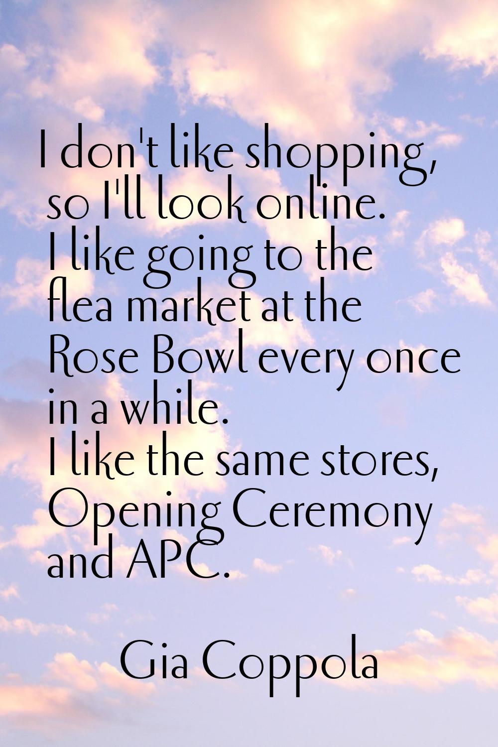 I don't like shopping, so I'll look online. I like going to the flea market at the Rose Bowl every 