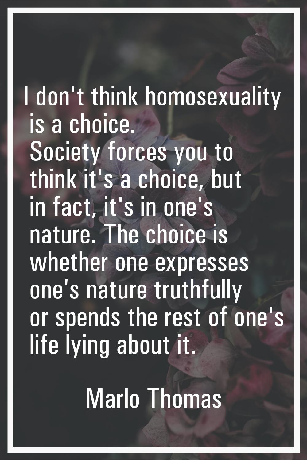 I don't think homosexuality is a choice. Society forces you to think it's a choice, but in fact, it