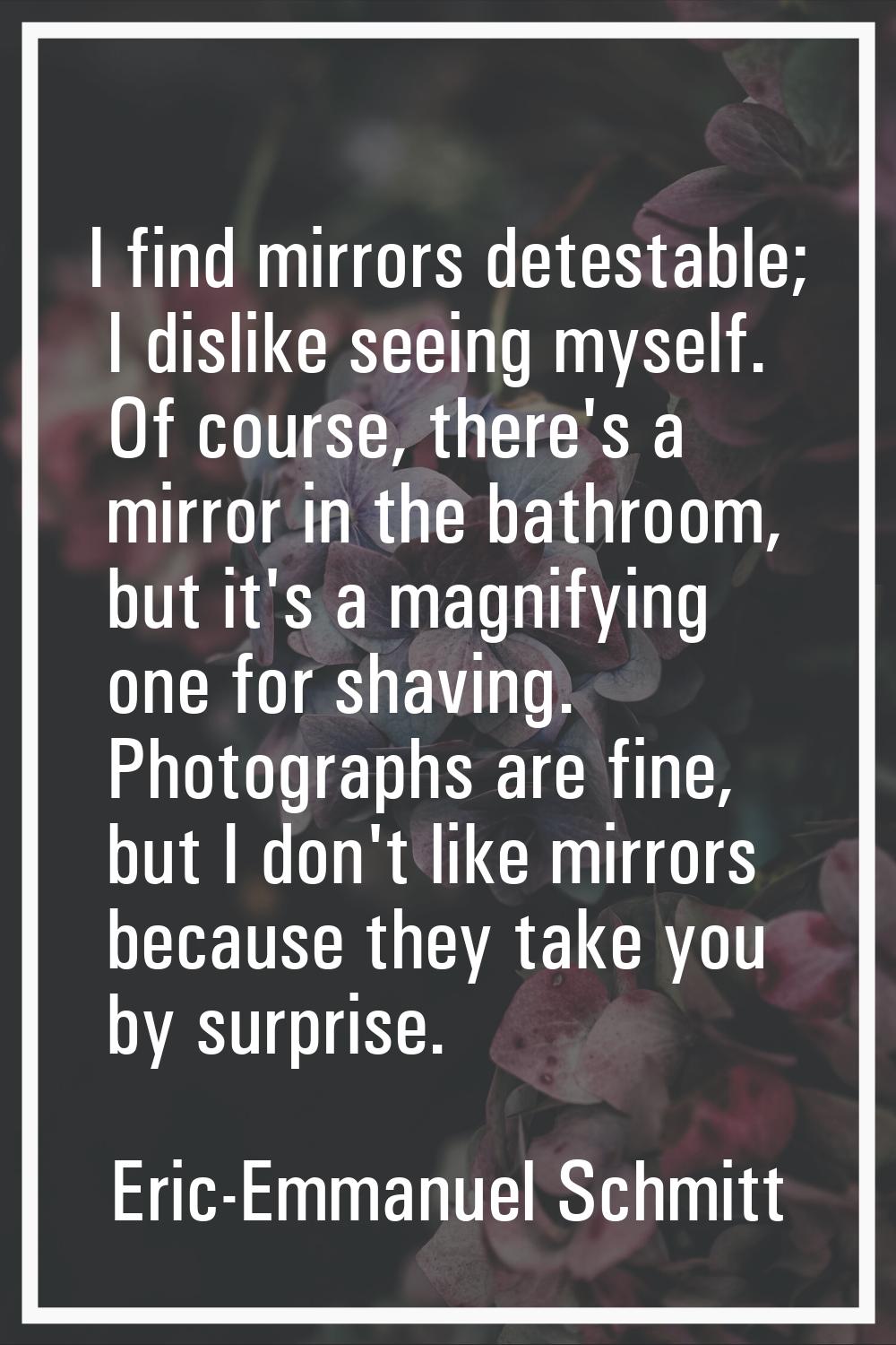 I find mirrors detestable; I dislike seeing myself. Of course, there's a mirror in the bathroom, bu