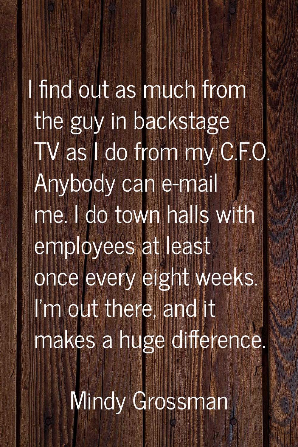 I find out as much from the guy in backstage TV as I do from my C.F.O. Anybody can e-mail me. I do 
