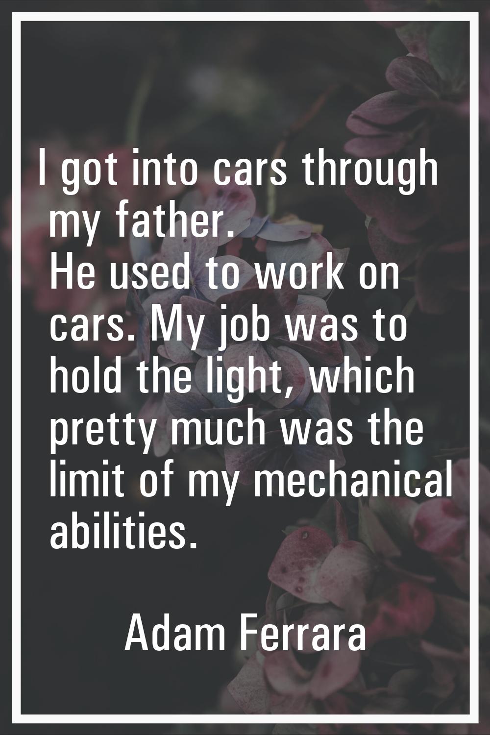 I got into cars through my father. He used to work on cars. My job was to hold the light, which pre