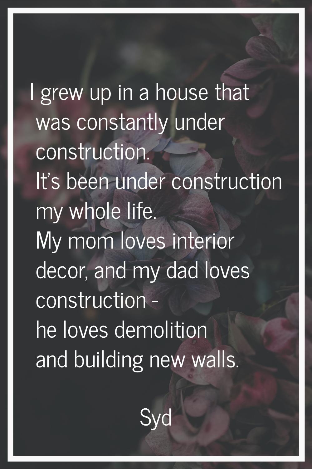 I grew up in a house that was constantly under construction. It's been under construction my whole 