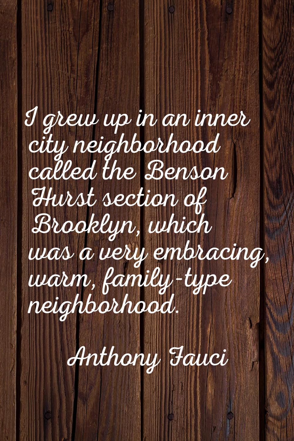 I grew up in an inner city neighborhood called the Benson Hurst section of Brooklyn, which was a ve