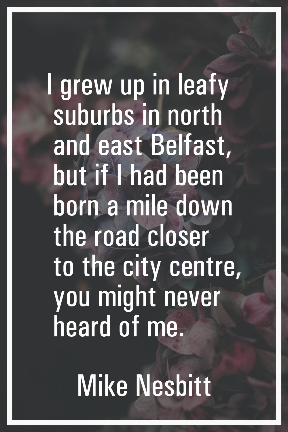 I grew up in leafy suburbs in north and east Belfast, but if I had been born a mile down the road c